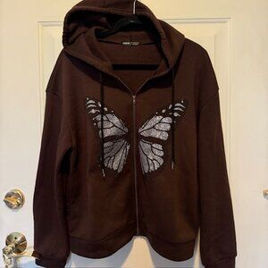 Shein Brown Sparkly Butterfly Zip Sweatshirt - Large